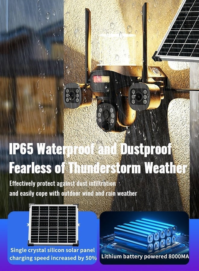 نار كاميرا مراقبة خارجية تعمل بالطاقة الشمسية مع شريحة 4G ومصباح حائط: كاميرا مراقبة ثلاثية العدسات بدقة 4K HD، مقاومة للماء بمعيار IP65، دوران 360 درجة، كاميرا مراقبة عالية الدقة مزودة بمستشعر حركة بالأشعة تحت الحمراء، بطارية مدمجة، مراقبة خارجية بدون كهرباء أو إنترنت - أسود، شريحة 4G (مع شريحة 4G وبطاقة ذاكرة SD سعة 64 جيجابايت) - Image 5