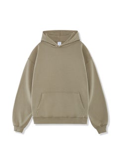 Mens Fleece Lined Hoodie Thickened Heavyweight Oversize Solid Color Comfortable Loose Fit Long Sleeve round Neck Sweatshirt FOG gray green