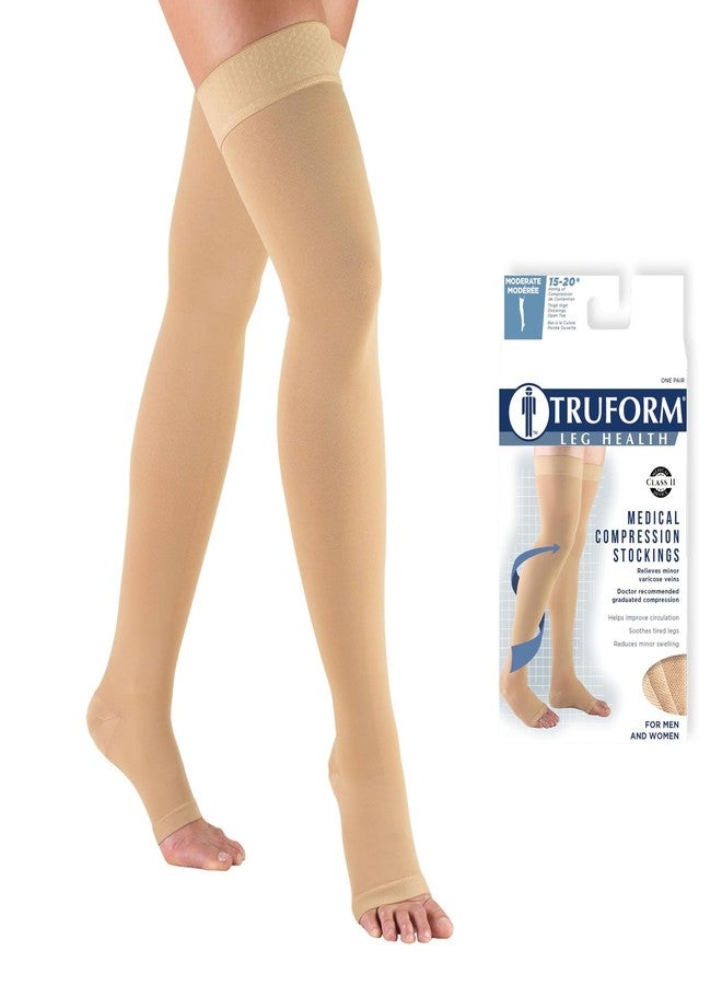 Truform 15-20 mmHg Compression Stockings for Men and Women, Thigh High Length, Dot Top, Open Toe, Medium - Image 1