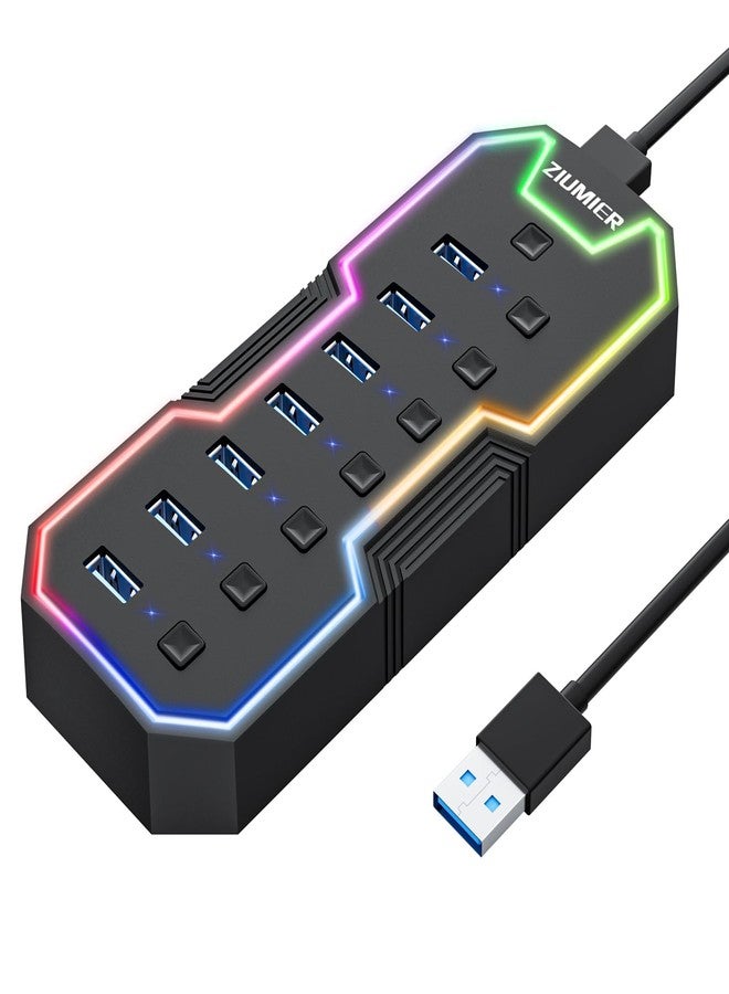 ZIUMIER USB Hub 3.0,7 Ports USB Expander with RGB LED Strip for MacBook, Mac Pro, Mac Mini, iMac, Surface Pro, XPS, PC, Flash Drive, Mobile HDD - Image 1