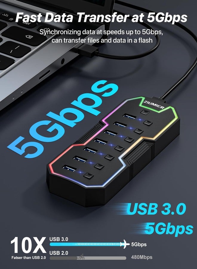 ZIUMIER USB Hub 3.0,7 Ports USB Expander with RGB LED Strip for MacBook, Mac Pro, Mac Mini, iMac, Surface Pro, XPS, PC, Flash Drive, Mobile HDD - Image 2