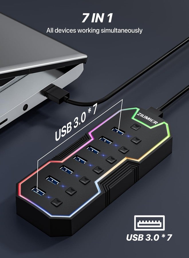 ZIUMIER USB Hub 3.0,7 Ports USB Expander with RGB LED Strip for MacBook, Mac Pro, Mac Mini, iMac, Surface Pro, XPS, PC, Flash Drive, Mobile HDD - Image 4