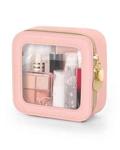 Soimeat Clear Makeup Bag Portable Travel Cosmetic Bags Multipurpose Leather Toiletry Bag with Zipper Waterproof Transparent Cosmetic Organizer for Women Mini Pink - Image 1