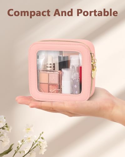 Soimeat Clear Makeup Bag Portable Travel Cosmetic Bags Multipurpose Leather Toiletry Bag with Zipper Waterproof Transparent Cosmetic Organizer for Women Mini Pink - Image 3