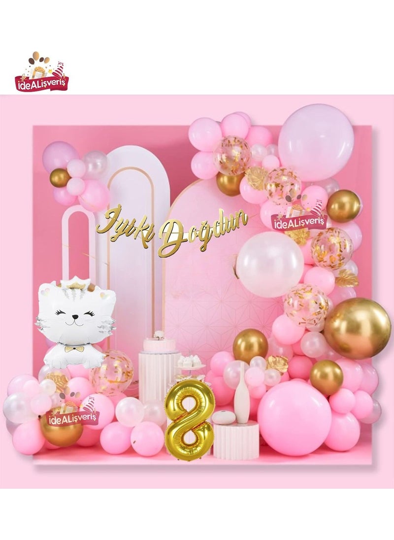 Store Cute Cat Gold 8 Year Old Foil Balloon Happy Birthday Written Pink Gold Concept Birthday Party Set 