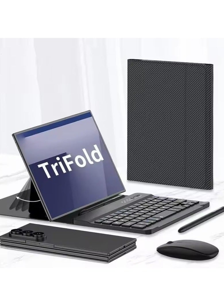 Wireless keyboard and mouse compatible with Samsung Galaxy Z TriFold. Bluetooth keyboard connects wirelessly to the magnetic flip cover and stylus for the Z TriFold.
