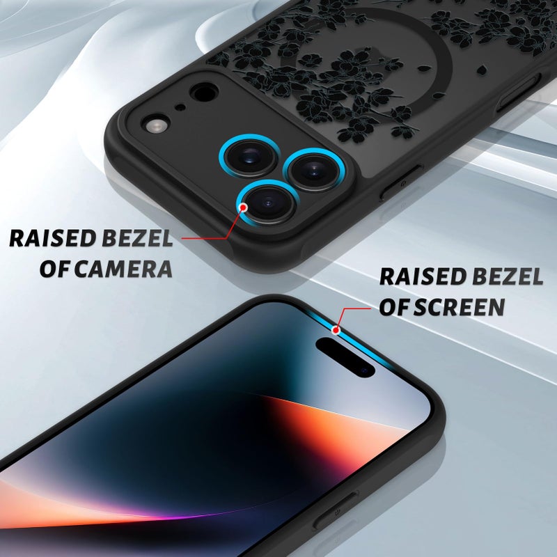 OOK Case for iPhone 17 Pro 6.3 Inch (Compatible with MagSafe) Floral Flowers Design Translucent Phone Cover Soft TPU + Hard PC Anti-Scratch Shockproof Magnetic Cute Case for Women - Black - Image 3