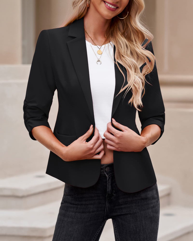 LookbookStore Blazers for Women Business Casual 3/4 Sleeve Fitted Suit Jackets Cropped Crop Sleeve Dressy Black Blazer Size Medium Size 8 10 - Image 2