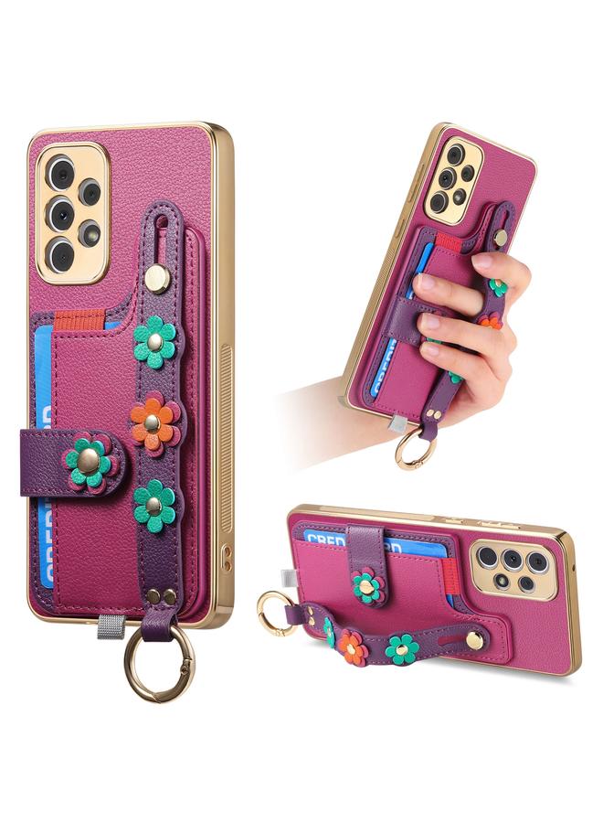 اس-توب جراب لهاتف Samsung Galaxy A53 5G مع سوار معصم وبطاقة وحقيبة هاتف بتصميم زهور مجسمة - Image 1