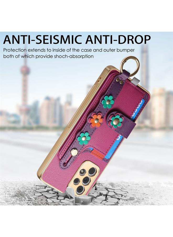 اس-توب جراب لهاتف Samsung Galaxy A53 5G مع سوار معصم وبطاقة وحقيبة هاتف بتصميم زهور مجسمة - Image 4