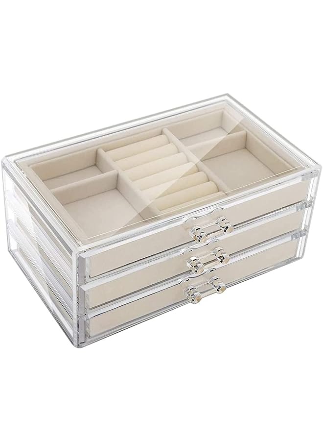 PROMASS Jewelry Organizer Box with 3 Drawers, Clear Jewelry Boxes for Women Earring Rings Bangle Bracelet and Necklace Holder Storage Velvet Jewelry Display Case (Beige) - Image 1