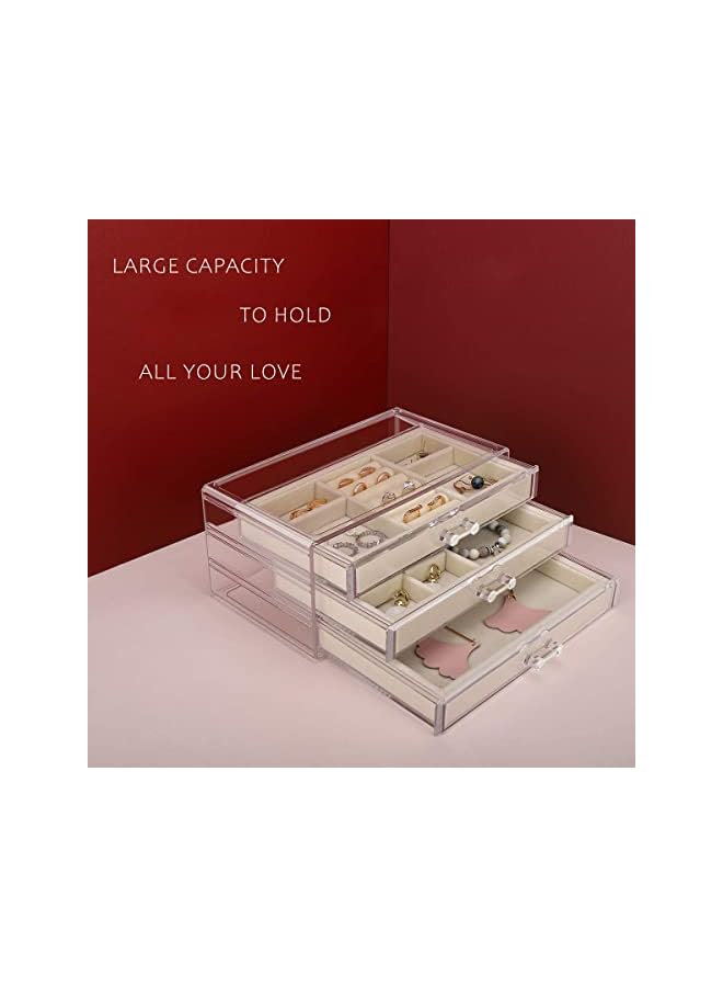 PROMASS Jewelry Organizer Box with 3 Drawers, Clear Jewelry Boxes for Women Earring Rings Bangle Bracelet and Necklace Holder Storage Velvet Jewelry Display Case (Beige) - Image 2