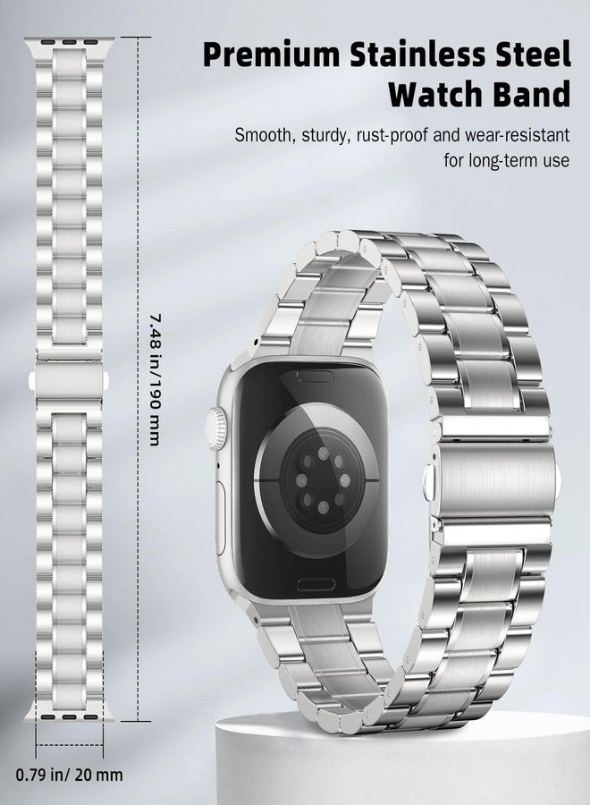 MoKo Metal Bands for Men Women Compatible with Apple Watch Ultra 3/2/1 49mm,S11/S10 46mm,9/8/7 45mm,SE3/SE2/SE/6/5/4 44mm,3/2/1 42mm,Adjustable Stainless Steel Strap Business Wristband, Silver - Image 3