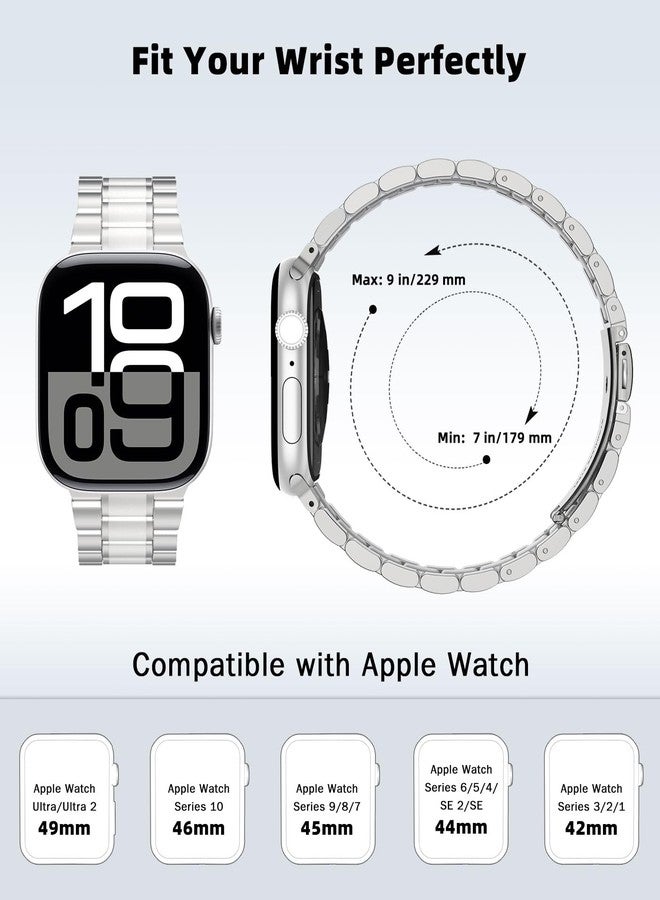 MoKo Metal Bands for Men Women Compatible with Apple Watch Ultra 3/2/1 49mm,S11/S10 46mm,9/8/7 45mm,SE3/SE2/SE/6/5/4 44mm,3/2/1 42mm,Adjustable Stainless Steel Strap Business Wristband, Silver - Image 2