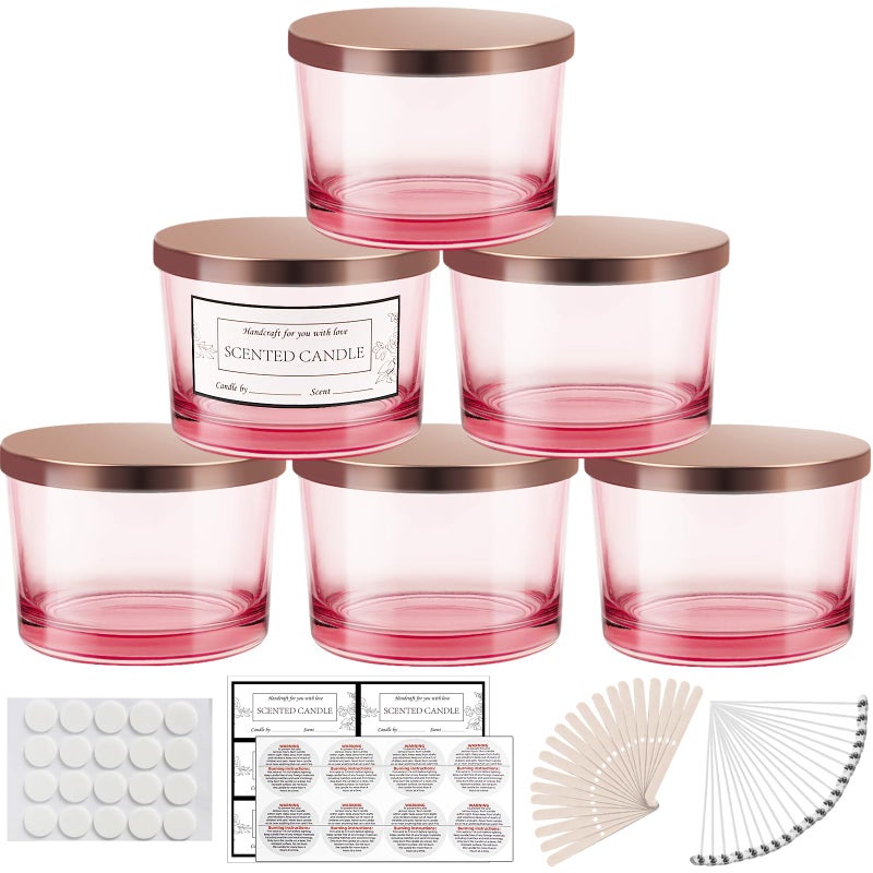 CONNOO 6 Pack 16 oz Candle Jars - 3 Wicks Pink Empty Glass Wide Mouth Candle Jars come with Metal Lids Sticky Warning Labels and a Candle Wick Kit for Candle Making- Dishwasher Safe - Image 1
