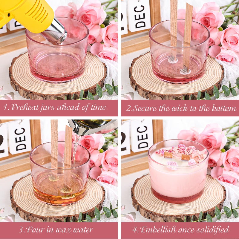 CONNOO 6 Pack 16 oz Candle Jars - 3 Wicks Pink Empty Glass Wide Mouth Candle Jars come with Metal Lids Sticky Warning Labels and a Candle Wick Kit for Candle Making- Dishwasher Safe - Image 4
