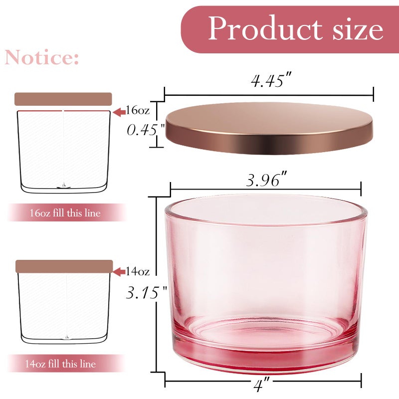 CONNOO 6 Pack 16 oz Candle Jars - 3 Wicks Pink Empty Glass Wide Mouth Candle Jars come with Metal Lids Sticky Warning Labels and a Candle Wick Kit for Candle Making- Dishwasher Safe - Image 2