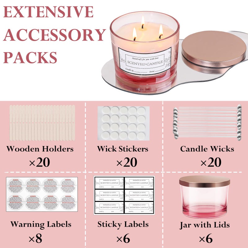 CONNOO 6 Pack 16 oz Candle Jars - 3 Wicks Pink Empty Glass Wide Mouth Candle Jars come with Metal Lids Sticky Warning Labels and a Candle Wick Kit for Candle Making- Dishwasher Safe - Image 3