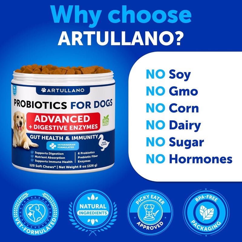 Artullano Probiotics for Dogs - Support Gut Health, Itchy Skin, Allergies, Immunity, Yeast Balance - Dog Probiotics and Digestive Enzymes with Prebiotics - Reduce Diarrhea, Gas - 120 Probiotic Chews for Dogs - Image 5