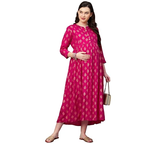 MomToBe Women's Rayon Maternity Dresses | Pregnancy Feeding Nursing Dress with 14 inch Zip on Both Sides (Rani Pink ; XX-Large) - Image 1
