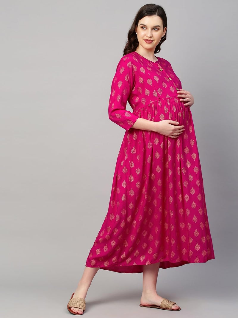 MomToBe Women's Rayon Maternity Dresses | Pregnancy Feeding Nursing Dress with 14 inch Zip on Both Sides (Rani Pink ; XX-Large) - Image 3