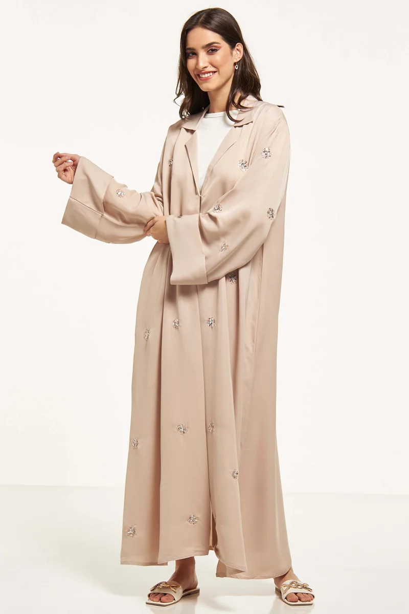 Moistreet Embellished  Notched Lapel Collar Abaya