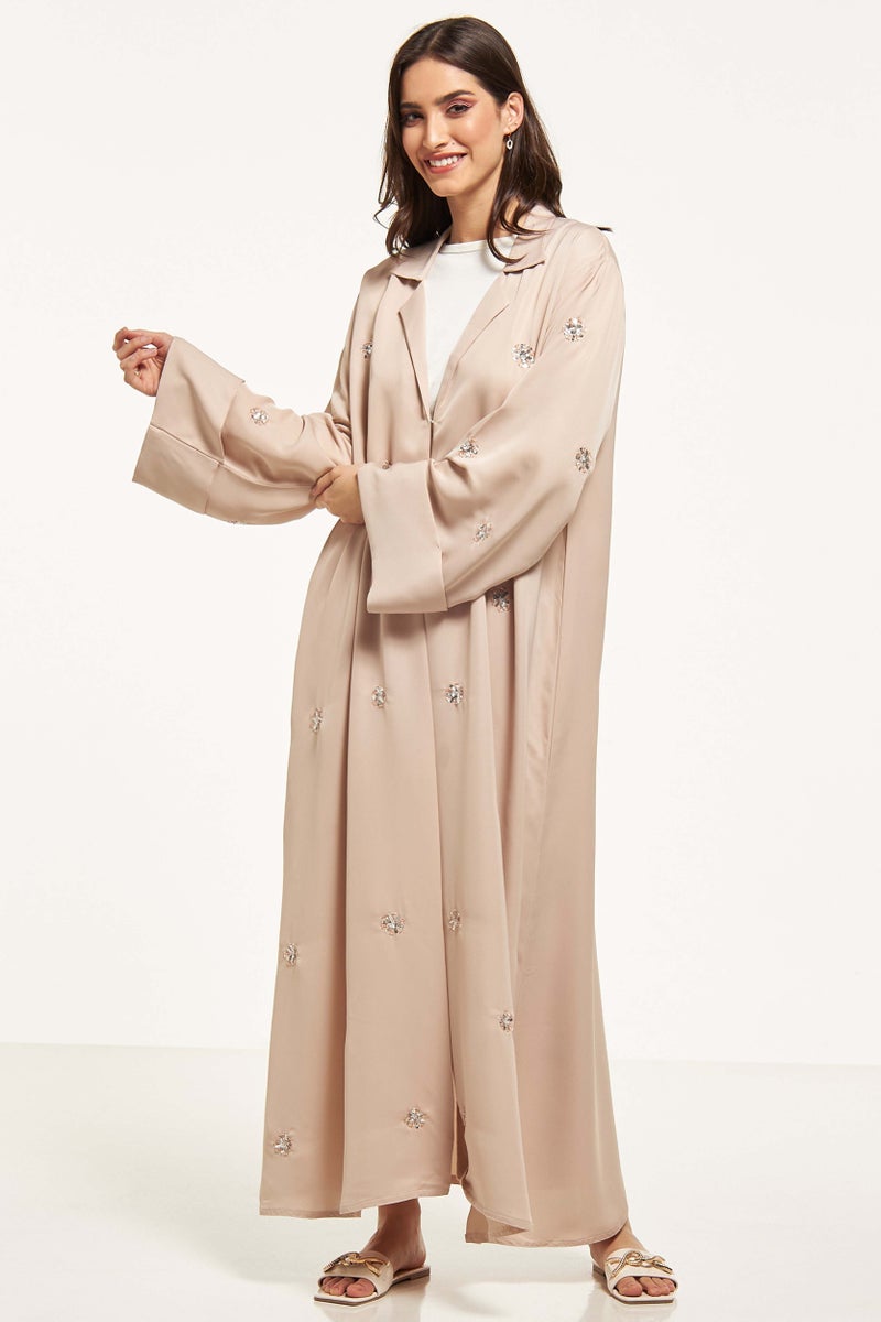 Moistreet Embellished  Notched Lapel Collar Abaya - Image 1