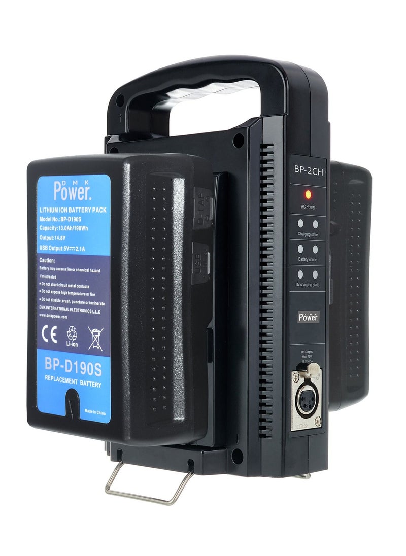 DMK Power 2 x BP-D190S V Lock Battery (190Wh, 14.8V, 13000mAh) Rechargeable Li-ion Battery with BP-2CH V Mount V Lock Double Sided Quick Battery Charger and 3 PIN Cable for Broadcast Video Camcorder