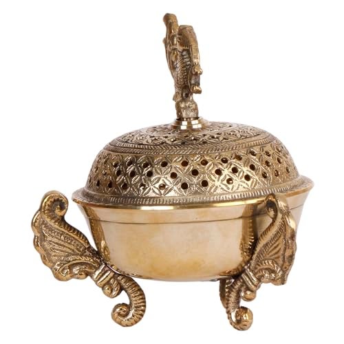 Artvarko™ Brass Peacock Incense Loban Holder Dhuna Charkol Dhoop Dani Aarti Loban Burner Purifying with Stand for Home Office Temple God Puja (6x6x6.5 Inches) - Image 5