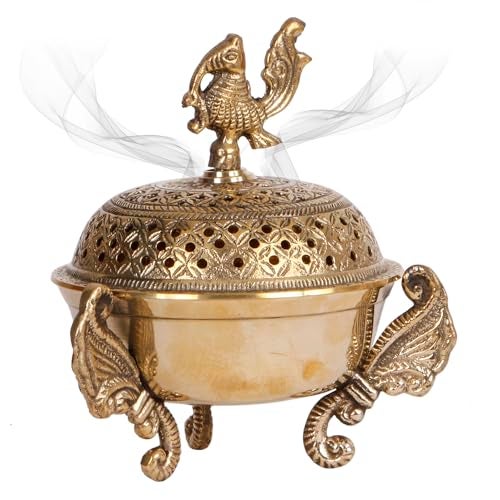 Artvarko™ Brass Peacock Incense Loban Holder Dhuna Charkol Dhoop Dani Aarti Loban Burner Purifying with Stand for Home Office Temple God Puja (6x6x6.5 Inches) - Image 1