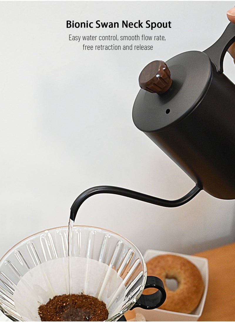 EqiEch Gooseneck Kettle V60 Coffee Kettle Long Narrow Spout Tea Pot Made of Stainless Steel and Walnut Wood 600ml Black  - Image 2