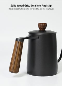 EqiEch Gooseneck Kettle V60 Coffee Kettle Long Narrow Spout Tea Pot Made of Stainless Steel and Walnut Wood 600ml Black  - Image 3