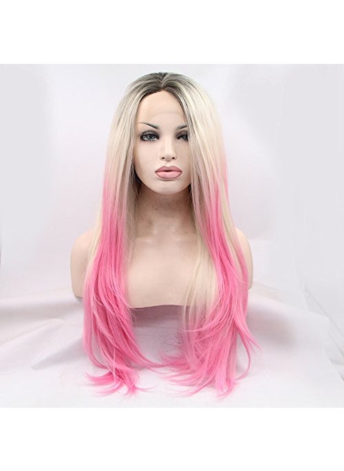 Xiweiya xiweiya Ombre Pink Wigs with Dark Roots 13x3 Pink Wigs Mixed Color Straight Platinum Blonde to Pink Synthetic Lace Front Wigs Heat Resistant Fiber Wigs Rosie Pink White Wig for Drag Queen Wig 24inch 