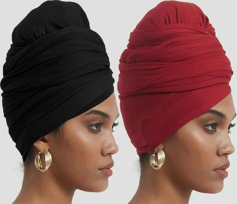 corciova Black Carnelian 2 Pcs Long Soft Head Wrap Turban Headband for Black Women Two Way Stretch Fashion African Head Covering Jersey Hijab Scarf - Image 2