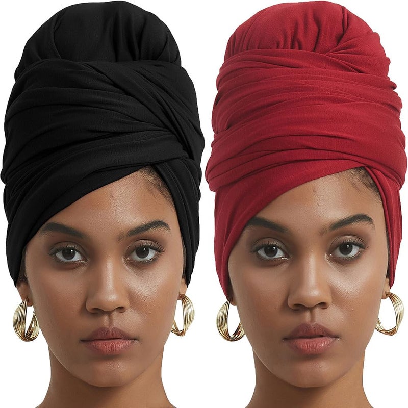 corciova Black Carnelian 2 Pcs Long Soft Head Wrap Turban Headband for Black Women Two Way Stretch Fashion African Head Covering Jersey Hijab Scarf - Image 1