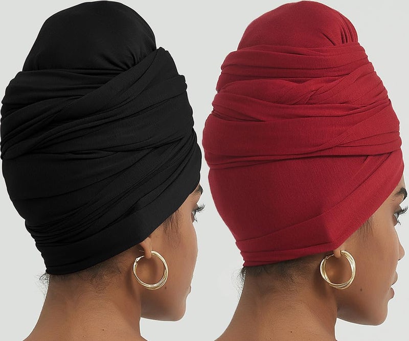 corciova Black Carnelian 2 Pcs Long Soft Head Wrap Turban Headband for Black Women Two Way Stretch Fashion African Head Covering Jersey Hijab Scarf - Image 5
