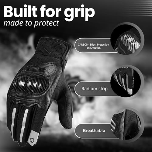 BADOWL Carbon Fiber PVC Knuckle Protection Riding Gloves | Touchscreen Sports Gloves with Anti-Slip Grip | Breathable, All-Weather, (Grey, M) - Image 2