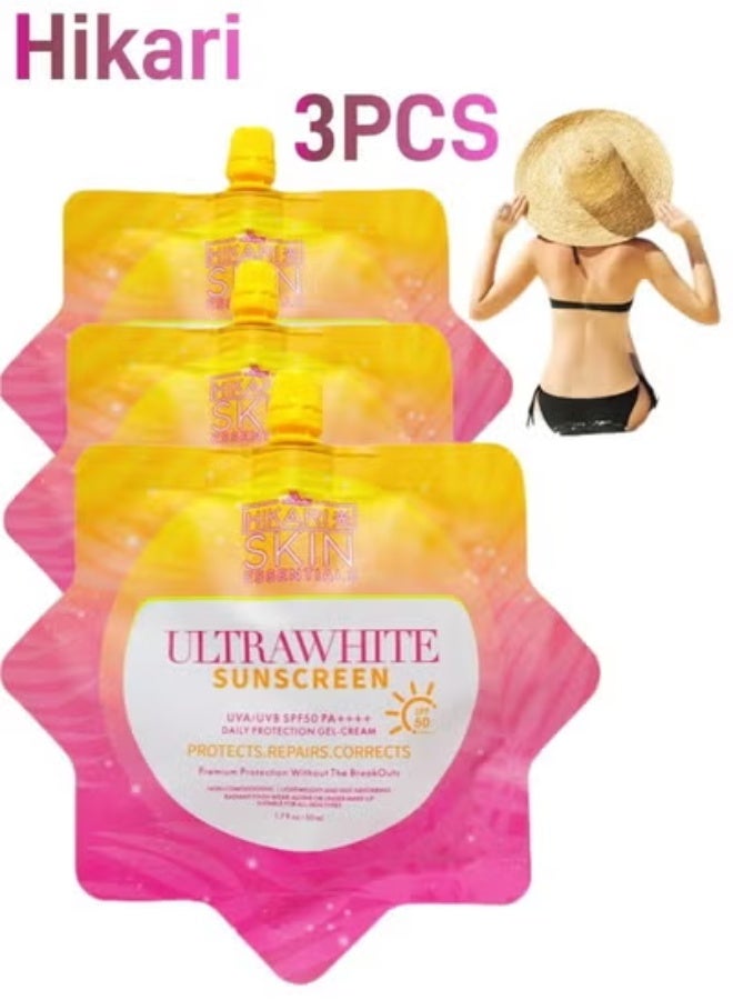 هيكاري **مجموعة هيكاري للعناية بالبشرة: واقي شمس فائق التبييض (3 عبوات × 50 مل)** عامل حماية SPF50 PA++++، تركيبة خفيفة كالهواء ملائمة للبشرة، تبييض وترطيب، مقاوم للماء، جل سريع الامتصاص. - Image 1