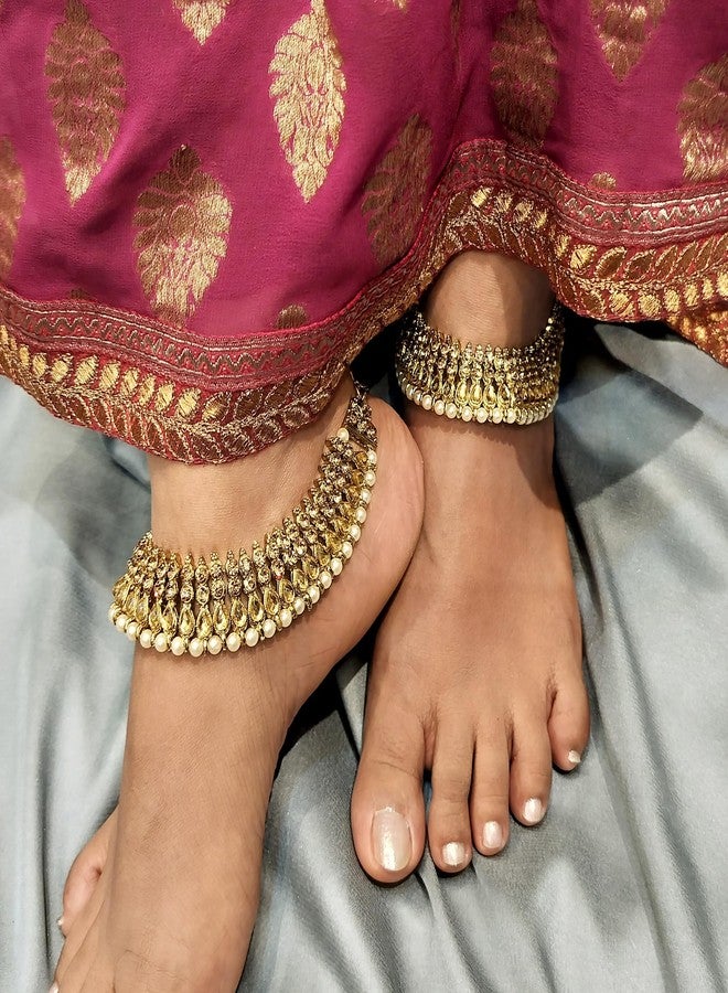 Efulgenz Indian Bridal Anklets for Women Indian Bollywood Anklet Crystal Rhinestone Faux Kundan Pearl Wedding Bridal Anklet Set Bracelet Payal Foot Jewelry - Image 4