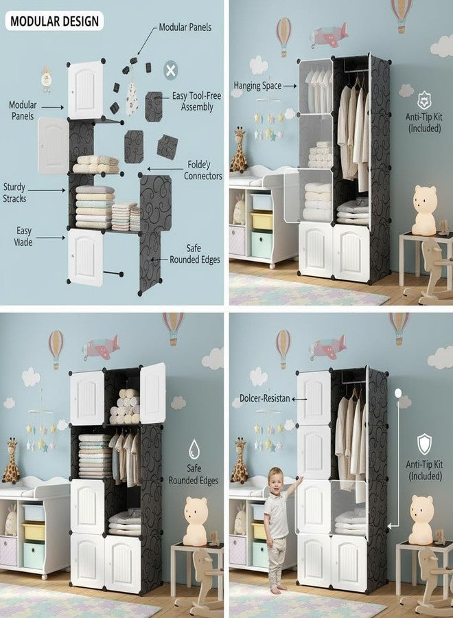 EXVITO Collapsible Wardrobe Storage Cabinet | 8 Door Plastic Modular Clothes Organizer for Kids | Foldable Wardrobe Storage Rack with Hanging Space | Multi-Purpose Kids Closet Organizer - White - Image 4