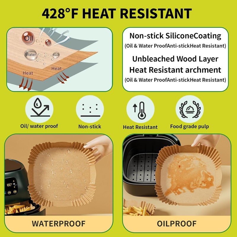 DSMY 200 PCS Air Fryer Disposable Paper Liners,8 Inch Square Parchment Disposable Paper Liner for 5-8QT Air Fryer,Baking, Roasting and Microwave, Non-Stick Airfryer Accessories - Image 4