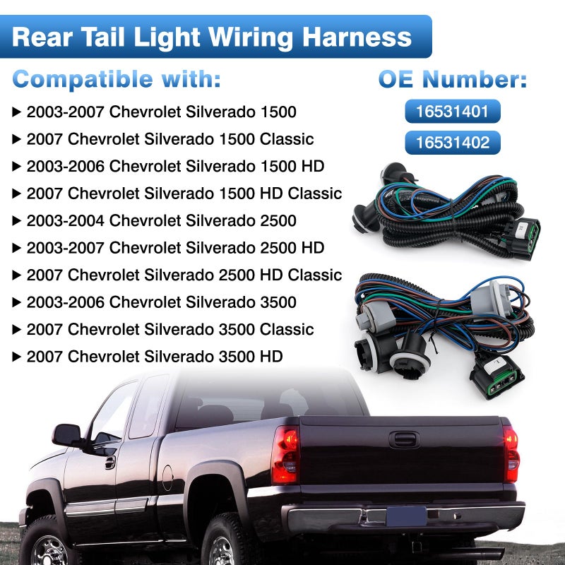 TOP-MAX Tail Light Wiring Harness Compatible with 2003-2007 Chevy Silverado 1500 1500HD 2500 2500HD 3500 3500HD, Rear Driver and Passenger Side Tail Light Harness Replaces 16531401 16531402 - Image 2