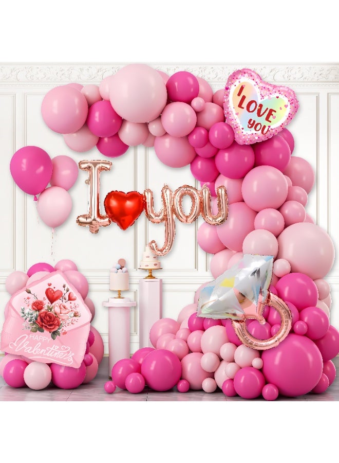 Valentine's Day Balloon Decoration Kit, Pink and Rose Gold, I Love You Foil Balloon, Heart Balloons, Diamond Ring Balloon, 104 Pieces - Image 1