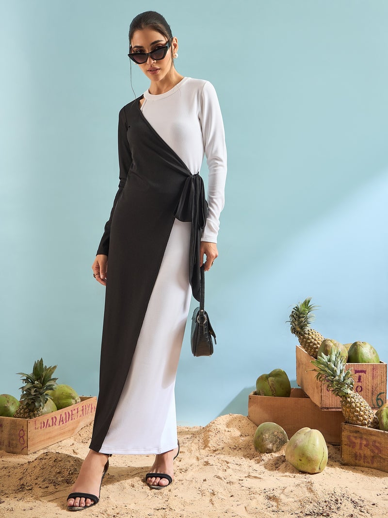 بانيت فستان سهرة طويل (Gown) مضلّع لتقسيم الجسم - تباين الأبيض والأسود - Image 4