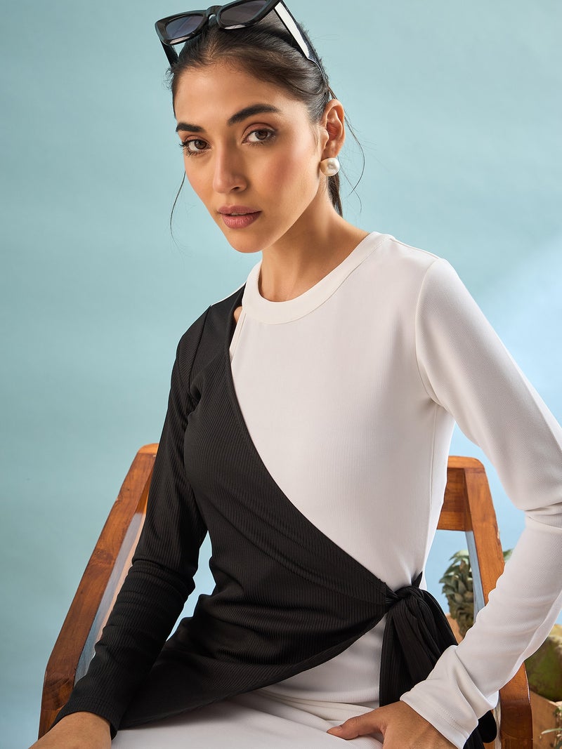 PANIT Ribbed Bodycon Gown Dress - White & Black - Image 3