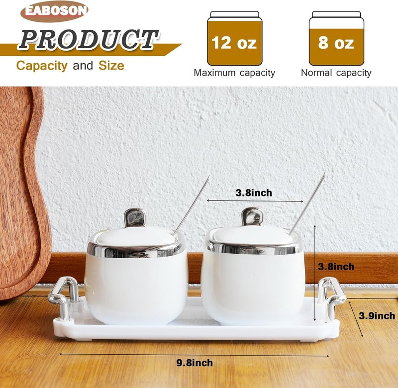 EABOSON Ceramic Sugar Bowl 2 Pack, Porcelain Seasoning Jar with Tray, Spoon and Lid for Sugar, Pepper, Coffee, Spice, Salt (silver) - Image 2