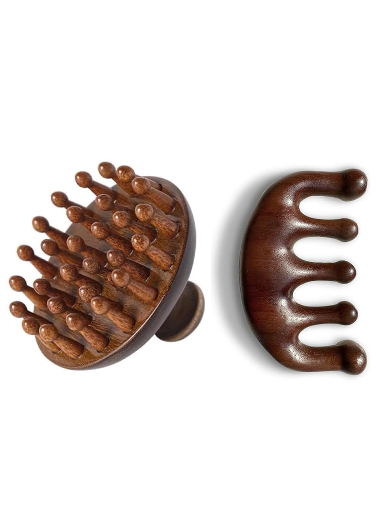 Sandalwood Scalp Massage Set, 28-Pin Disc Massager and 5-Tooth Meridian Comb, Traditional Wooden Hair and Body Care Tools - Image 1