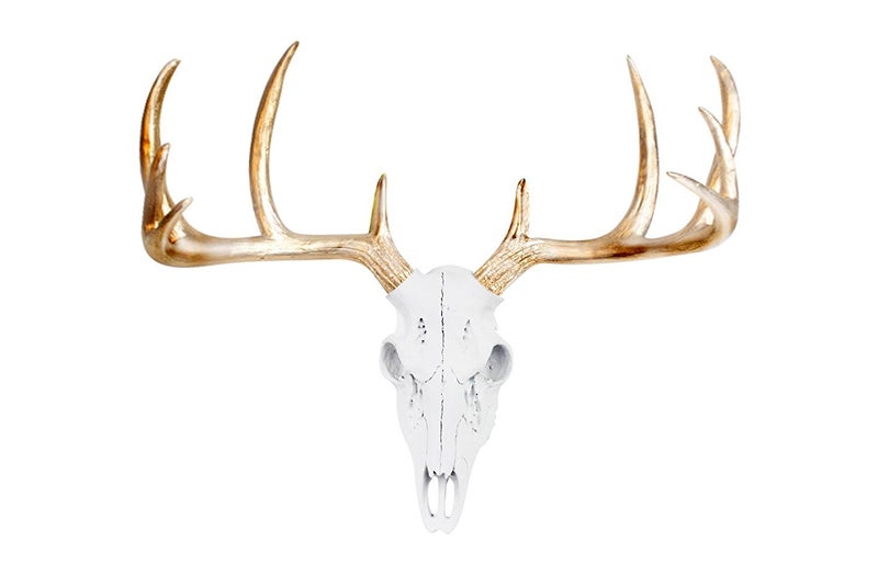 Wallcharmers Large White + Gold Antler Faux Deer Skull Decor - 21 inch Faux Taxidermy Animal Head Wall Decor - Handmade Farmhouse Decor - Image 1