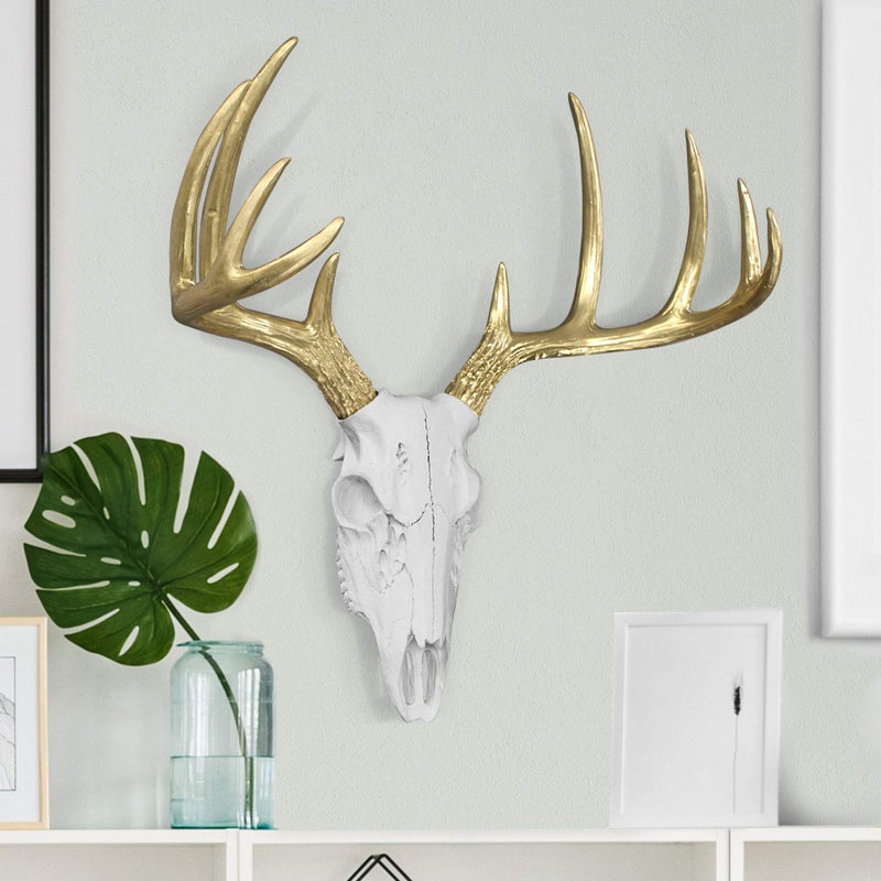 Wallcharmers Large White + Gold Antler Faux Deer Skull Decor - 21 inch Faux Taxidermy Animal Head Wall Decor - Handmade Farmhouse Decor - Image 2