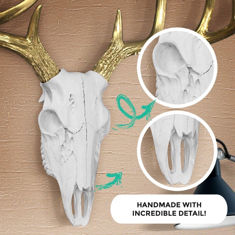Wallcharmers Large White + Gold Antler Faux Deer Skull Decor - 21 inch Faux Taxidermy Animal Head Wall Decor - Handmade Farmhouse Decor - Image 3